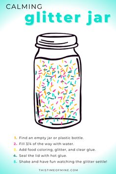 a jar filled with sprinkles on top of a white sheet that says, calming