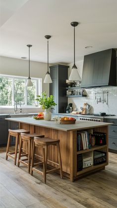 a kitchen with an island and two stools