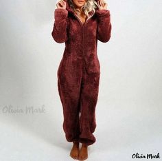 Olivia Mark - Thickened Fleece Hooded Onesie Pajamas Yoga Attire, Adult Onesie Pajamas, Strapless Bodysuit, Onesie Pajamas, Loose Fitting Dresses, Fitted Dress Shirts, Pant Length, Sleepwear Sets, Printed Jumpsuit