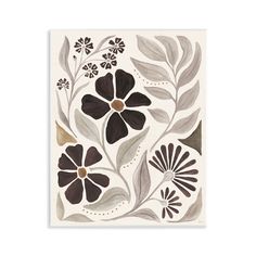 a painting with flowers and leaves on the wall in brown, white and grey colors