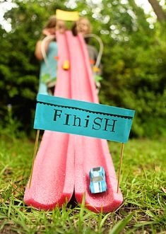 an image of a pink slide with a blue sign that says finish on it and a toy car in the grass