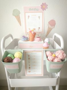 a table topped with cupcakes and ice cream