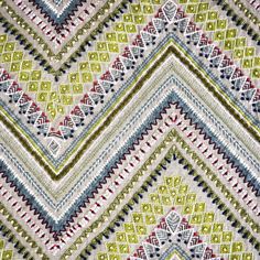 Sample Morella Fabric in Green/Multi Stitching Styles, White Spirit, Green Colour Palette, Green Theme, French Knot, Chevron Design, Linen Texture, Embroidered Fabric, Burke Decor