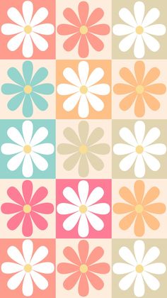 an image of flowers in different colors and sizes on a checkerboard pattern background