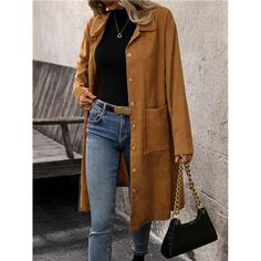 -Item Id 41044093 -Details: Pocket, Button -Neckline: Collar -Placket: Single Breasted -Sleeve Type: Regular Sleeve -Style: Casual -Type: Other -Hem Shaped: Asymmetrical -Color: Brown -Pattern Type: Plain -Sleeve Length: Long Sleeve -Length: Knee Length -Fit Type: Loose -Fabric: Non-Stretch -Material: Corduroy -Composition: 97% Polyester, 3% Elastane -Care Instructions: Machine Wash Or Professional Dry Clean -Lined For Added Warmth: No -Temperature: Spring/Fall (18-25/63-77) -Belt: No -Pockets: Chic Outerwear With Buttoned Pockets, Casual Single-breasted Outerwear For Office, Casual Solid Color Outerwear For Office, Solid Outerwear With Button Closure For Everyday, Chic Button-up Solid Color Outerwear, Chic Outerwear With Button Cuffs For Day Out, Collared Outerwear With Button Closure For Day Out, Collared Single Breasted Outerwear For Day Out, Everyday Long Coat With Buttons