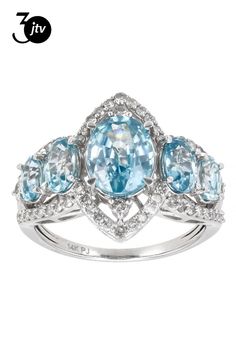 Park Avenue Collection�� 4.70ctw 9x7mm, 6x4mm and 5x3mm oval blue zircon with 0.52ctw round white diamond, rhodium over 14k white gold center design ring. Measures approximately 13/16"L x 5/8"W and is sizeable. Park Avenue, Blue Zircon, Design Center, White Diamond, Ring Designs, White Gold, Ring, Gold, Blue