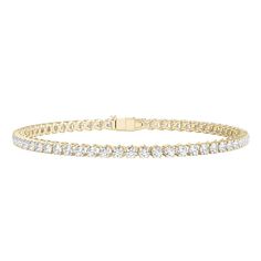 10K yellow gold tennis bracelet with 60 round brilliant cut diamonds weighing approximately 3 ct. tw. 7 inches in length | 3 ct. tw. Diamond Tennis Bracelet | 10K Yellow Gold | Size 7" | Helzberg Diamonds Gold Tennis Bracelet, Pandora Gold, Helzberg Diamonds, Diamond Tennis Bracelet, Bracelets Gold Diamond, Gold Diamond Jewelry, Stacked Jewelry, Hinged Bracelet, Tennis Bracelet Diamond