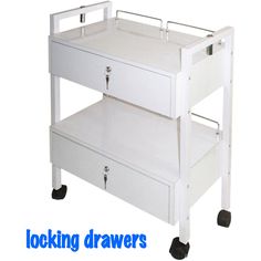 a white cart with two drawers on it and the words push to open or close non - locking drawers