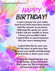 a birthday card with flowers and the words happy birthday written in purple, blue, green,