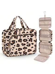 Leopard Print  Collar  Fiber Plaid,Plain Toiletry Bags With Hanging Hook,Toiletry Handbag Embellished   Luggage & Travel Gear General Medicine, Leopard Print Bag, Hanging Toiletry Bag, Bag For Travel, Family Trips, Western Aesthetic, Transparent Bag, Travel Business, Waterproof Makeup