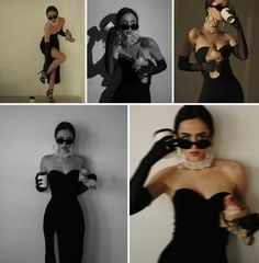 four different photos of women in black dresses and gloves, one with her hands on her hips