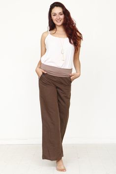 Made in the USA 100% Cotton Casual Brown Bottoms With Comfort Waistband, Comfortable Brown Pants For Spring, Stretch Brown Wide Leg Pants With Pockets, Summer Wide-leg Pants With Comfort Waistband, Casual Brown Pants With Elastic Waistband, Casual Brown Stretch Bottoms, Casual Stretch Brown Bottoms, Spring Brown Wide Leg Pants With Side Pockets, Brown Stretch Casual Wide Leg Pants