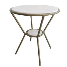 a white table with metal legs and a small round glass top on the bottom shelf