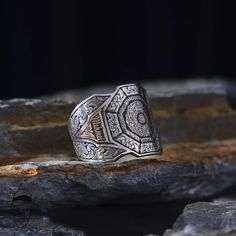 Elegant Religion Ring Surah Design 925K Silver Ring  This Ring is shipping with in a high quality LED RING BOX and with a gift. This incredible silver men ring is engraved from 100% handmade. This shiny Arabic Religion ring, has a modern and vintage vibe for daily using. You can use it for daily or special days.The engraving details of pure 925 Sterling Silver Handmade Ring are very detailed and eye-catching. You can prefer this vintage style silver ring like gift for your friends or family. It's a perfect gift for birthday, valentine's day, International Women's Day, anniversary, statement(cocktail) or christmas. Our model is silver and handcrafted. !! On the upper part; -Insirah  -Ayatul Kursi prayers,  -And a personal name will embroider on the sides. Item Details: * Gender : Man/Woman Luxury Silver Engraved Ring For Men, Ceremonial Adjustable Silver Engraved Ring, Traditional Silver Carved Rings, Traditional Silver Rings With Carved Details, Traditional Silver Signet Ring Stamped 925, Ceremonial Silver Carved Engraved Ring, Spiritual Silver Skull Ring As Gift, Silver Spiritual Skull Ring Gift, Silver Spiritual Skull Ring For Gift