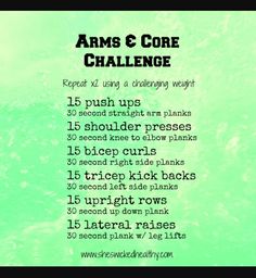 the arms and core challenge is shown in this green poster, with instructions for how to do