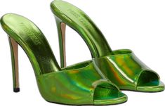 Green Evening Mules With Padded Heel, Evening Green Open Heel Mules, Green Open Heel Mules For Evening, Green Open Toe Formal Mules, Luxury Green Sandals With Padded Heel, Modern Green Open Toe Mules, Modern Green Sandals For Party, Glamorous Green Pointed Toe Sandals, Green Summer Evening Mules