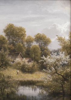 an oil painting of a house in the woods by a lake with white flowers and trees