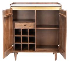 a wooden cabinet with wine racks and drawers on the bottom shelf is open to reveal an empty bottle