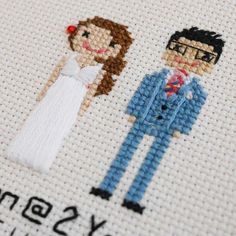 a cross stitch picture of a bride and groom with the words marry written on it