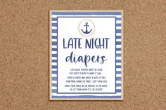 a card with the words late night diapers written in blue and white on it