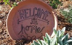 a welcome home sign sitting next to a potted succulent plant on the ground