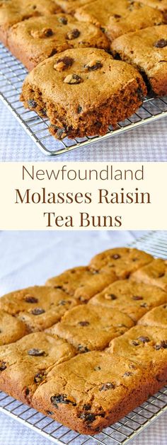 two pictures of blueberry molasses raisin tea bars on cooling racks with text overlay