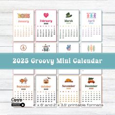 the 2020 grooy mini calendar is shown on a white wooden background with text that reads