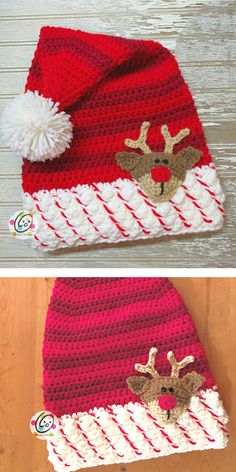 crocheted santa hat with reindeer applique and pom - pom