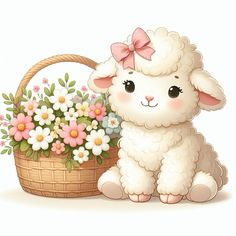 a little lamb sitting next to a basket with flowers