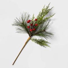 a branch with red berries and green leaves on it sitting on a white surface next to a piece of wood