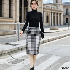 Fredar - Thickened Woolen Midi Skirt with Houndstooth Pattern, Bodycon Design Houndstooth Pencil Skirt For Work, Fitted Black Houndstooth Skirt, Black Fitted Houndstooth Skirt, Fitted Black Skirt With Houndstooth Pattern, Houndstooth Skirt For Work, Fall Fitted Skirt With Houndstooth Pattern, Houndstooth Workwear Skirt, Houndstooth Skirt For Workwear, Cardigan With Shorts