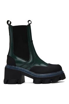 GANNI: Green Cleated Boots | SSENSE Chelsea Green Boots, Green And Black Chelsea Boots, Ganni Pink Boots, Green Leather Boots, Tan Blanket, Black Heel, Dark Academia Aesthetic, Leather Chelsea Boots, Mid Calf Boots