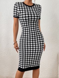 Houndstooth Print Contrast Binding Bodycon Dress Black and White Casual  Short Sleeve Knitted Fabric Houndstooth Bodycon Slight Stretch Spring/Fall Women Clothing, size features are:Bust: ,Length: ,Sleeve Length: Wrap Dress Work, Neck Details, White Fashion Casual, Clean Body, Body Con Dress, Vestidos Vintage, Women Midi, Vestido Casual, Neck Wrap