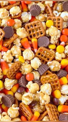 a mixture of candy corn, popcorn and waffles