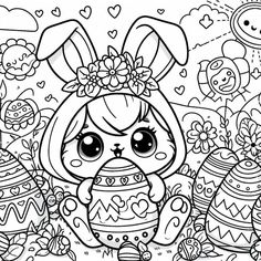 a coloring page with an easter bunny and eggs