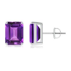 These emerald-cut amethyst solitaire stud earrings look simple yet captivating for their sophisticated charm. The royal purple amethysts are held in platinum classic prong settings. 6th Wedding Anniversary, Amethyst Studs, Solitaire Studs, Amethyst Jewelry, Royal Purple, Amethyst Earrings, Fine Jewellery Earrings, Purple Amethyst, Emerald Cut