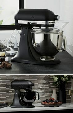 two pictures side by side one has a mixer and the other has a cupcake