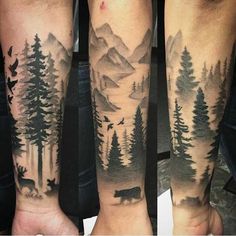 three different views of trees and mountains on both arms, with one being an arm tattoo