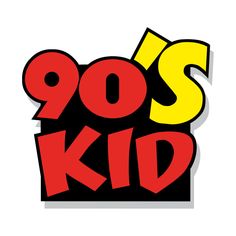 the 90's kid logo is shown in red, yellow and black with an arrow