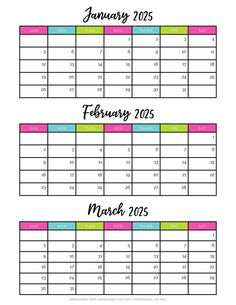 two month calendars with the dates for january and march on each one, in different colors