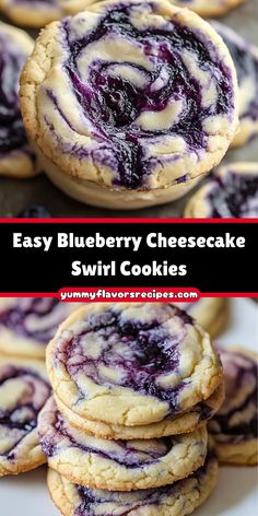 blueberry cheesecake swirl cookies stacked on top of each other