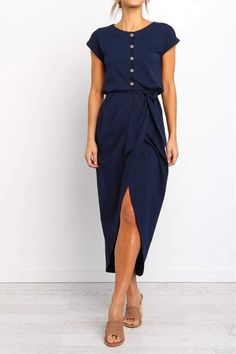 Buttons Short Sleeve Tie Waist Midi Dress With Slit – sunifty Casual Solid Maxi Dress For Work, Casual Belted Maxi Dress For Date Night, Casual Fitted Maxi Dress With Button Closure, Fitted Maxi Dress With Pockets For Day Out, Casual Rayon Midi Dress For Work, Casual Non-stretch Midi Dress For Date Night, Casual Buttoned Maxi Dress For Date Night, Casual Rayon Midi Dress For Date Night, Casual Rayon Dress For Work