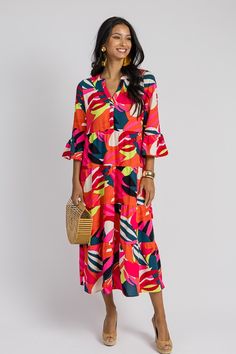 Benette Dress, Bombshell Blooms - New Arrivals - The Blue Door Boutique Multicolor 3/4 Sleeve Maxi Dress For Vacation, Summer Dresses With Ruffle Hem And 3/4 Sleeves, Summer Dress With Ruffle Hem And 3/4 Sleeves, Spring Beach Maxi Dress With 3/4 Sleeves, Multicolor Half Sleeve Maxi Dress For Beach, Midi Length Ruffle Hem Dress For Vacation, Vacation Midi Dress With Ruffle Hem, Multicolor Half Sleeve Maxi Dress For Vacation, Midi-length Tiered Dress With Ruffle Hem For Vacation