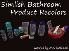 an assortment of bathroom products are shown in this graphic art work, with the words simish bathroom product recolors