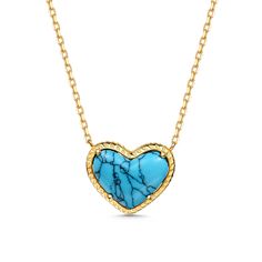 Lending a cool vibe to your look, this necklace makes a fitting choice for everyday wear. We love the textured heart shaped blue stone which gives it a touch of premium appeal while maintaining its elegance. It is suspended from a yellow gold tone sterling silver chain. Whether chosen as a gift or just for you, the details of this necklace were designed to be adored. Pair the heart-cut turquoise necklace with your favorite delicate pieces for a lovable layered look.Carat Weight: 2.1 ctStone Size Luxury Turquoise Necklace With Heart Charm, Luxury Turquoise Heart-shaped Necklaces, Elegant Turquoise Necklace With Heart Charm, Turquoise Pendant Necklace With Heart Charm, Turquoise Heart Charm Pendant Necklace, Blue Heart-shaped Necklaces With Adjustable Chain, Turquoise Heart Pendant Necklace, Turquoise Heart Pendant Necklace With Gemstone, Heart-shaped Turquoise Necklace As Gift