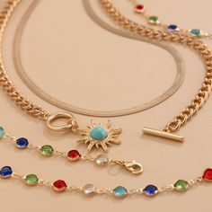 This stunning Regina Layered Lariat Necklace Set brings a playful yet elegant touch to any ensemble. Featuring a multi-color beaded design, this layered necklace set is perfect for adding a splash of color to your outfits. The lariat drop design adds a chic and sophisticated look, making it ideal for both casual wear and special occasions. The set includes two necklaces, each offering a different length for an effortlessly layered appearance. Details: Material: Gold-plated brass with colorful beads Set weight: 42.4g (1.49oz) Short necklace length: 37cm + 7cm extension (14.5in + 2.7in) Long necklace length: 70cm (27.5in) Pendant size: 2.5cm x 0.98in Chain thickness: 0.6cm (0.23in) Eye-catching multi-color bead accents Layered lariat drop design for a trendy and unique look Missy Jewelry Nec Trendy Multicolor Metal Chain Necklace, Multicolor Lariat Necklace With Adjustable Chain, Multicolor Long Metal Chain Necklace, Trendy Multicolor Metal Necklaces, Multicolor Bohemian Chain Necklace With Adjustable Chain, Multicolor Jewelry With Dangle Adjustable Chain, Multicolor Delicate Chain Jewelry For Party, Adjustable Multicolor Metal Chain Necklace, Trendy Multicolor Jewelry With Delicate Chain