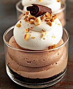 there are three desserts in small glass dishes with toppings on top and the words, no bake nutella whiskabaara