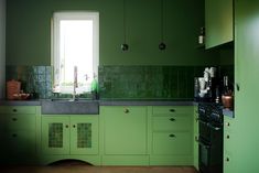 a kitchen with green walls and cabinets in it