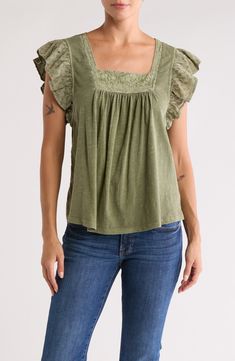 An embroidered yoke highlights the front of this cute all-cotton top, framed with fluttery sleeves. Square neck Short sleeves 100% cotton Machine wash, tumble dry Imported Concert Looks, Square Neck Top, Designer Crossbody Bags, Sweaters And Leggings, Comfortable Dress, Tie And Pocket Square, Cotton Top, Toddler Sizes, Summer Essentials