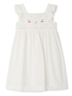 white cotton embroidered motif ruffled detailing square neck rear button fastening sleeveless straight hem Dress With Jean Jacket, Baby Boy Accessories, Girls Casual Dresses, Gucci Kids, Dolce And Gabbana Kids, Vestido Casual, Stella Mccartney Kids, Skirted Swimwear, Casual Girl